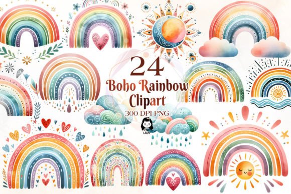 Download Watercolor Boho Rainbow Clipart Bundle - Rainbow Collection
