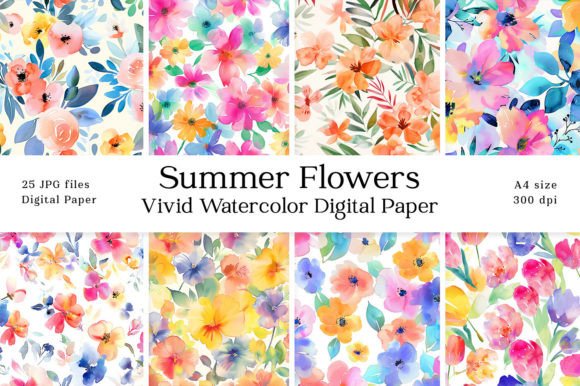 Download Summer Flowers Watercolor Digital Paper - Watercolor digital paper Collection