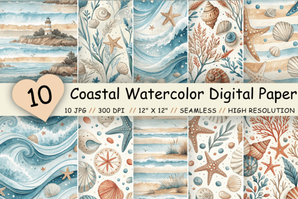 Download Coastal Watercolor Digital Paper Pack - Watercolor digital paper Collection