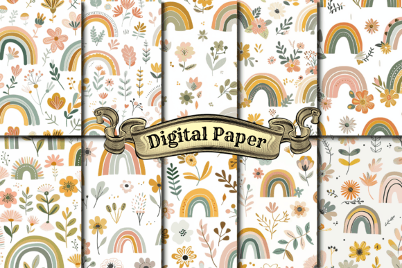 Download Boho Floral Rainbows Digital Paper - Rainbow Collection